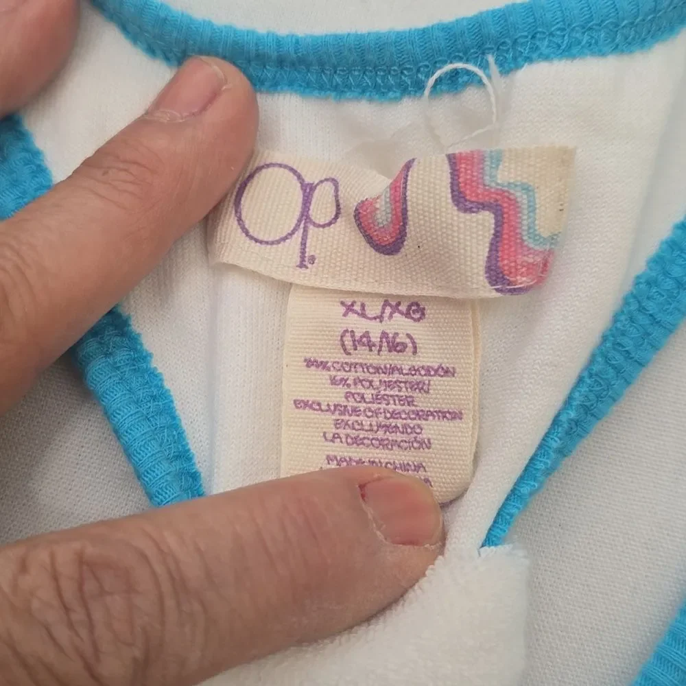 OP White Terry Girl's Dress with Bright Blue Trim ‎ Xl